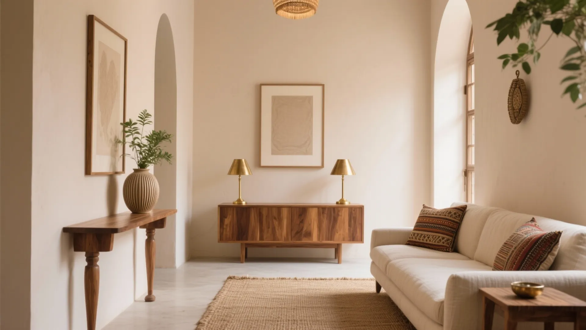 Earthy tone hallway with wooden cabinet two gold table lamps white sofa and arched doorway
