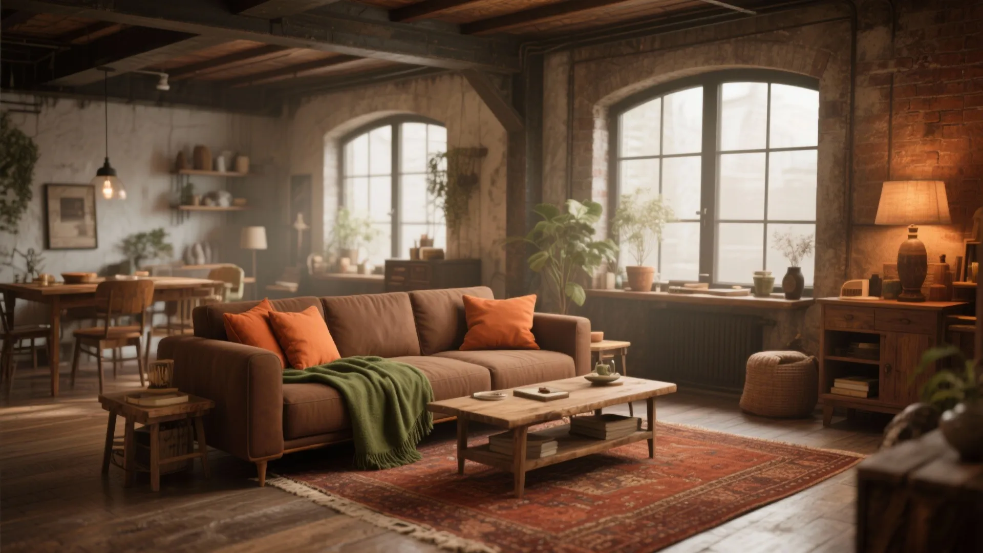 Brown couch with terracotta, olive and rust accents in a cozy loft