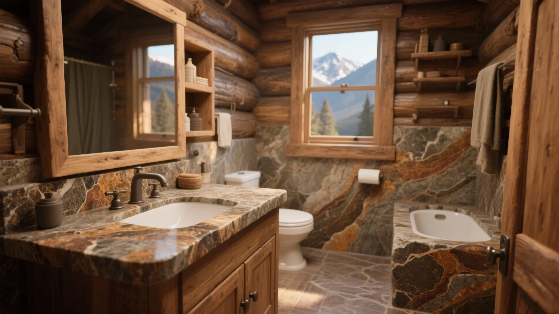 Rustic bathroom with brown stone walls wood logs vanity bathtub toilet and mountain view window