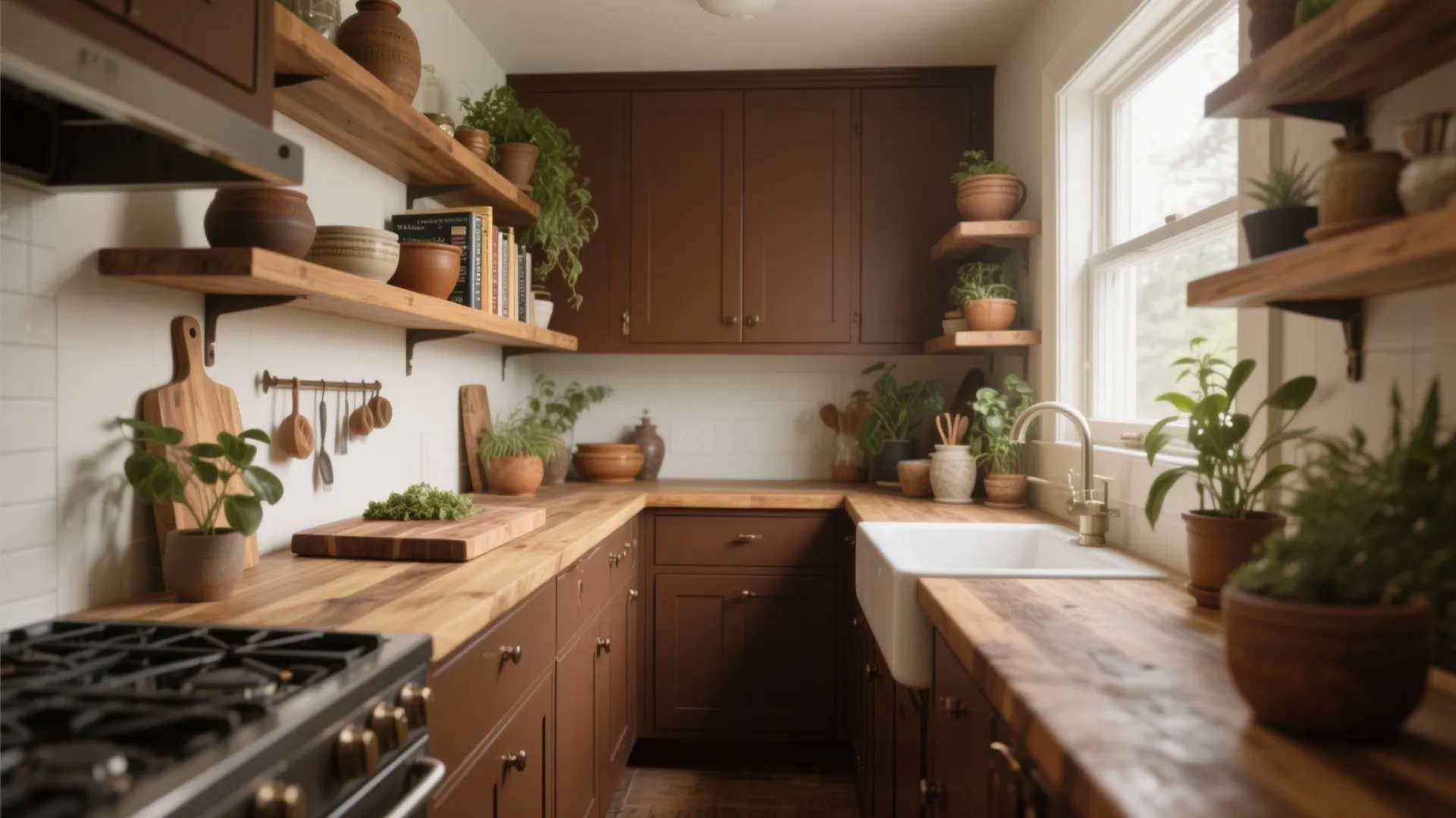 Galley kitchen with brown cabinets and floating oak shelves creating layered texture