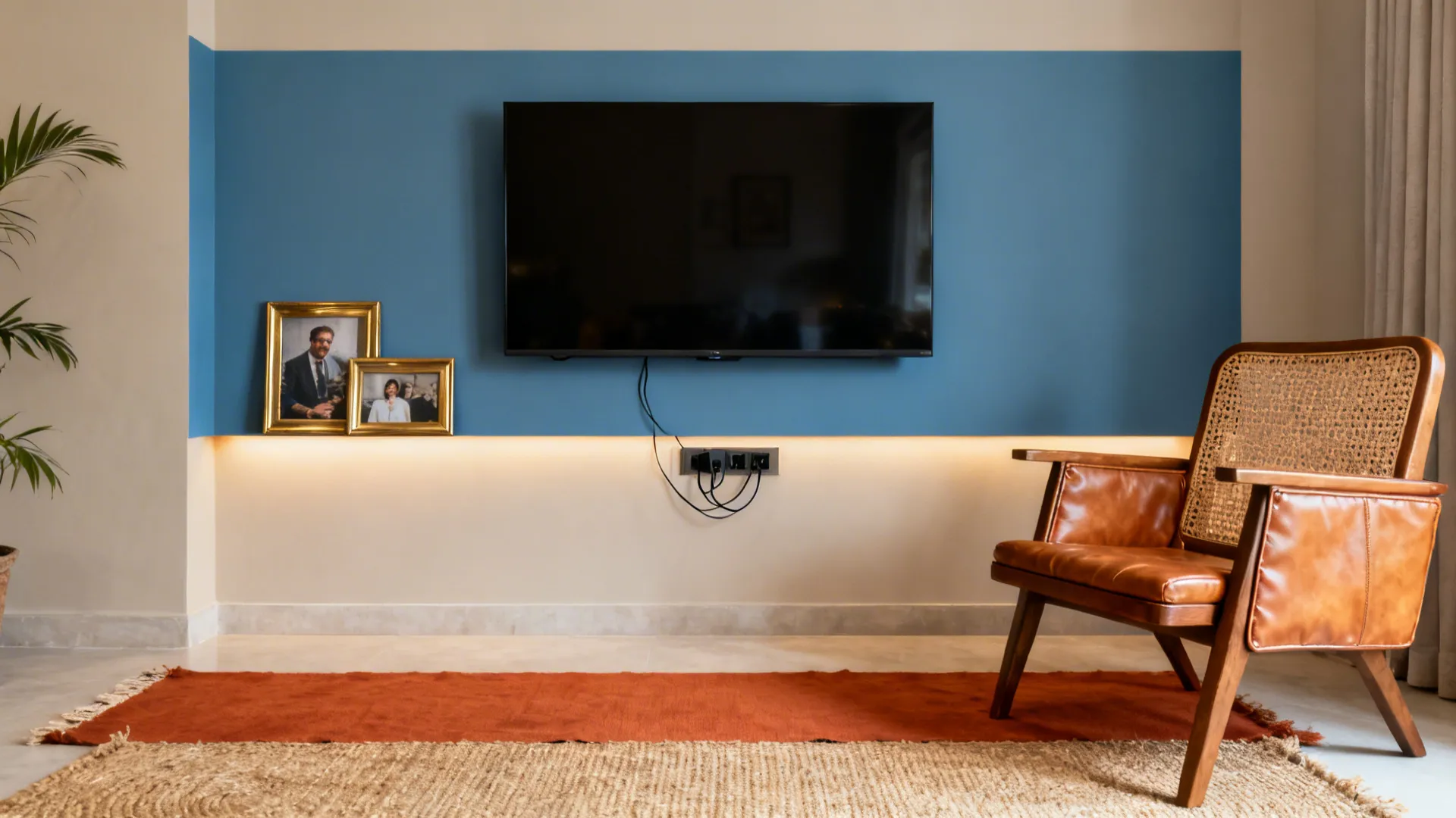 Living room with a mineral blue feature wall, terracotta accents, and cane chair