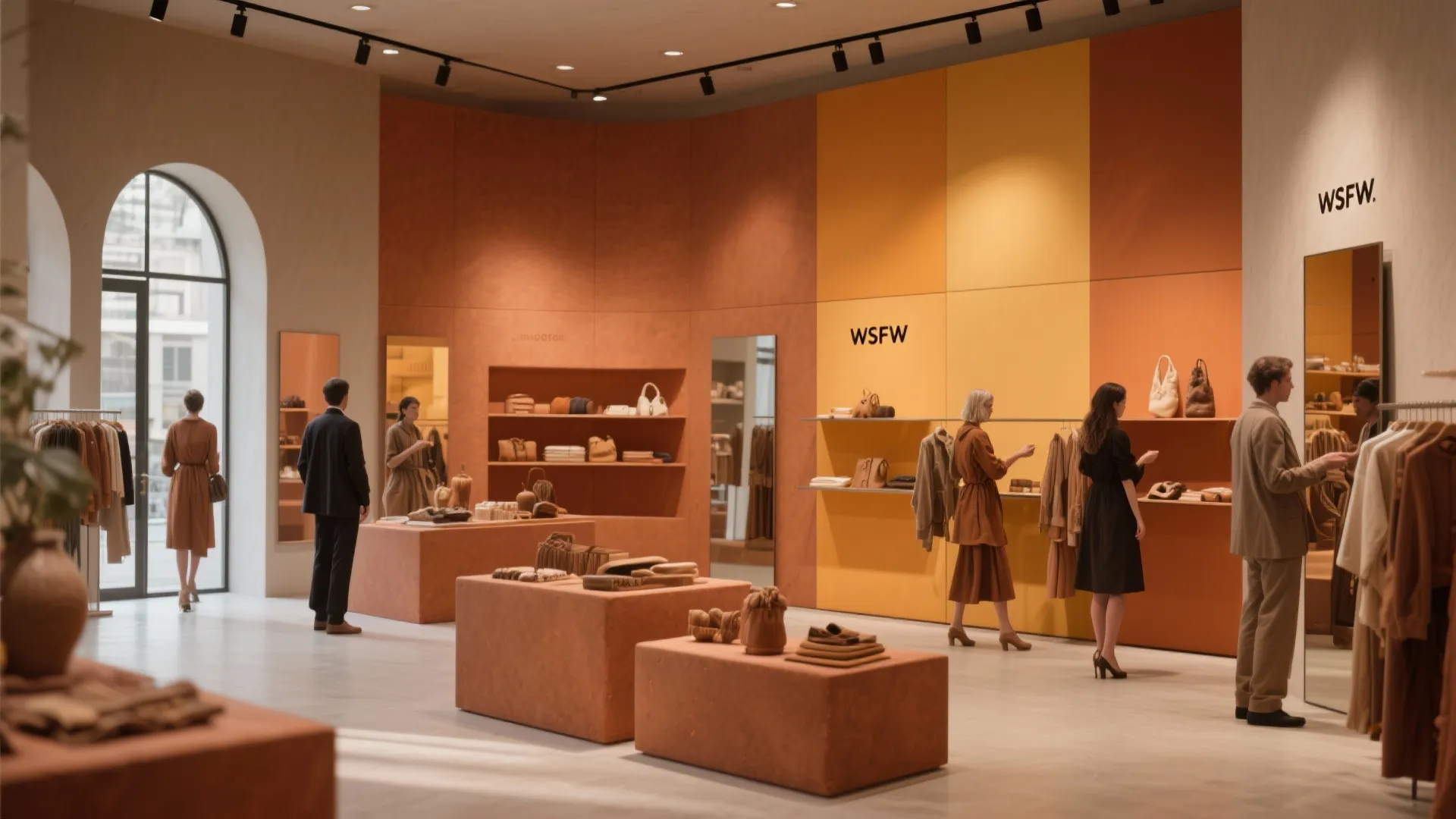 Modern clothing store interior with orange wall panels people browsing shelves and warm black ceiling lights