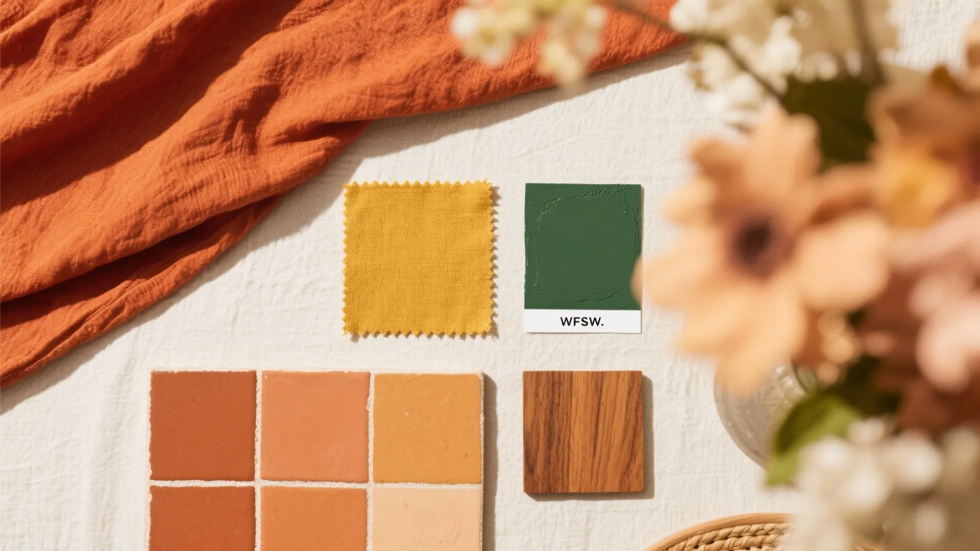 Interior design mood board with fabric swatches, paint sample, terracotta tiles, and wood material board