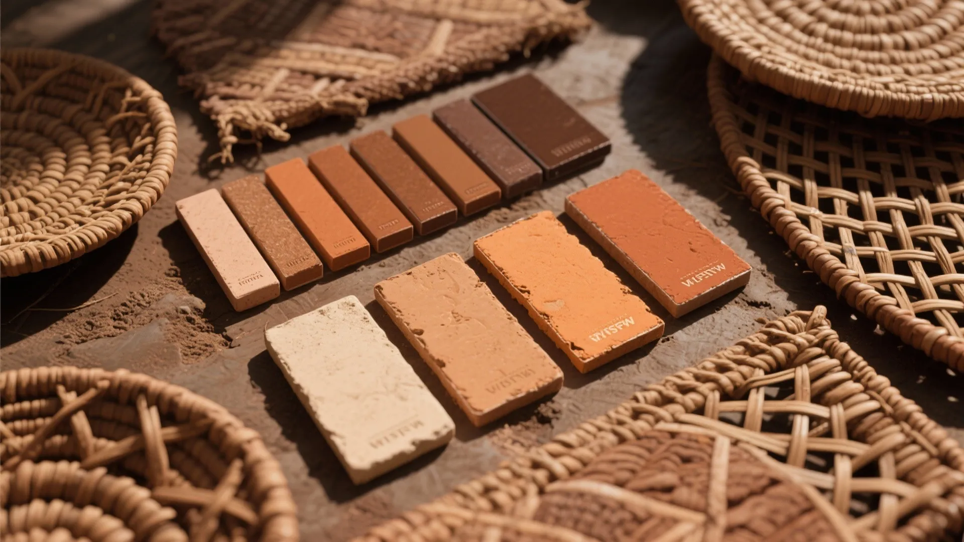 Earthy color palette samples with brown and orange bricks on a textured surface with baskets