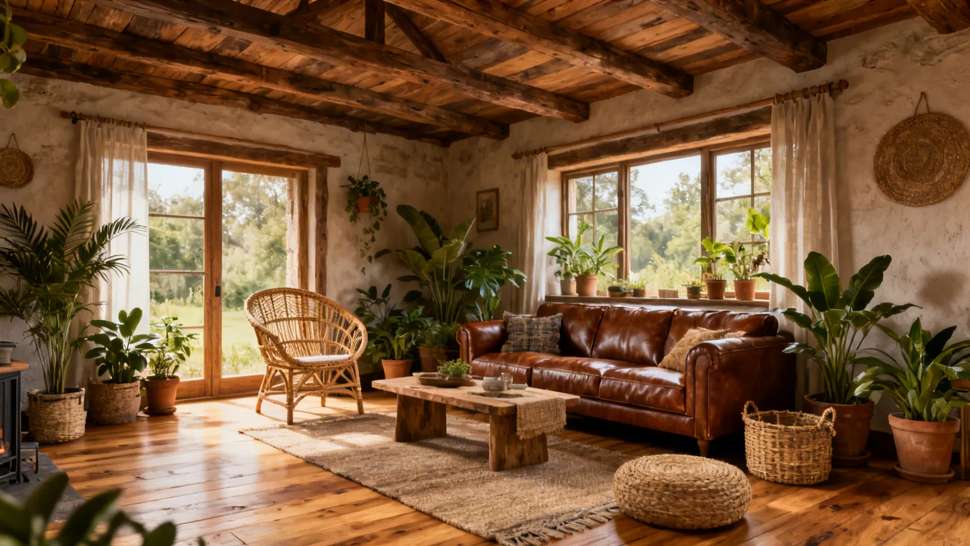 Cozy cottage living room with a brown leather sofa, rattan chair, woven baskets and lots of plants.