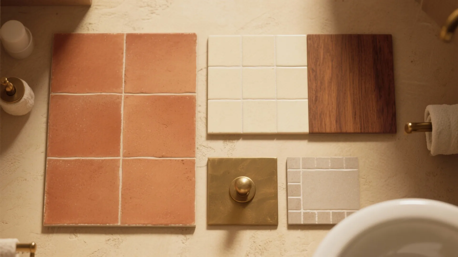 Interior design material board with terracotta tiles wood samples white tiles and gold metal hardware
