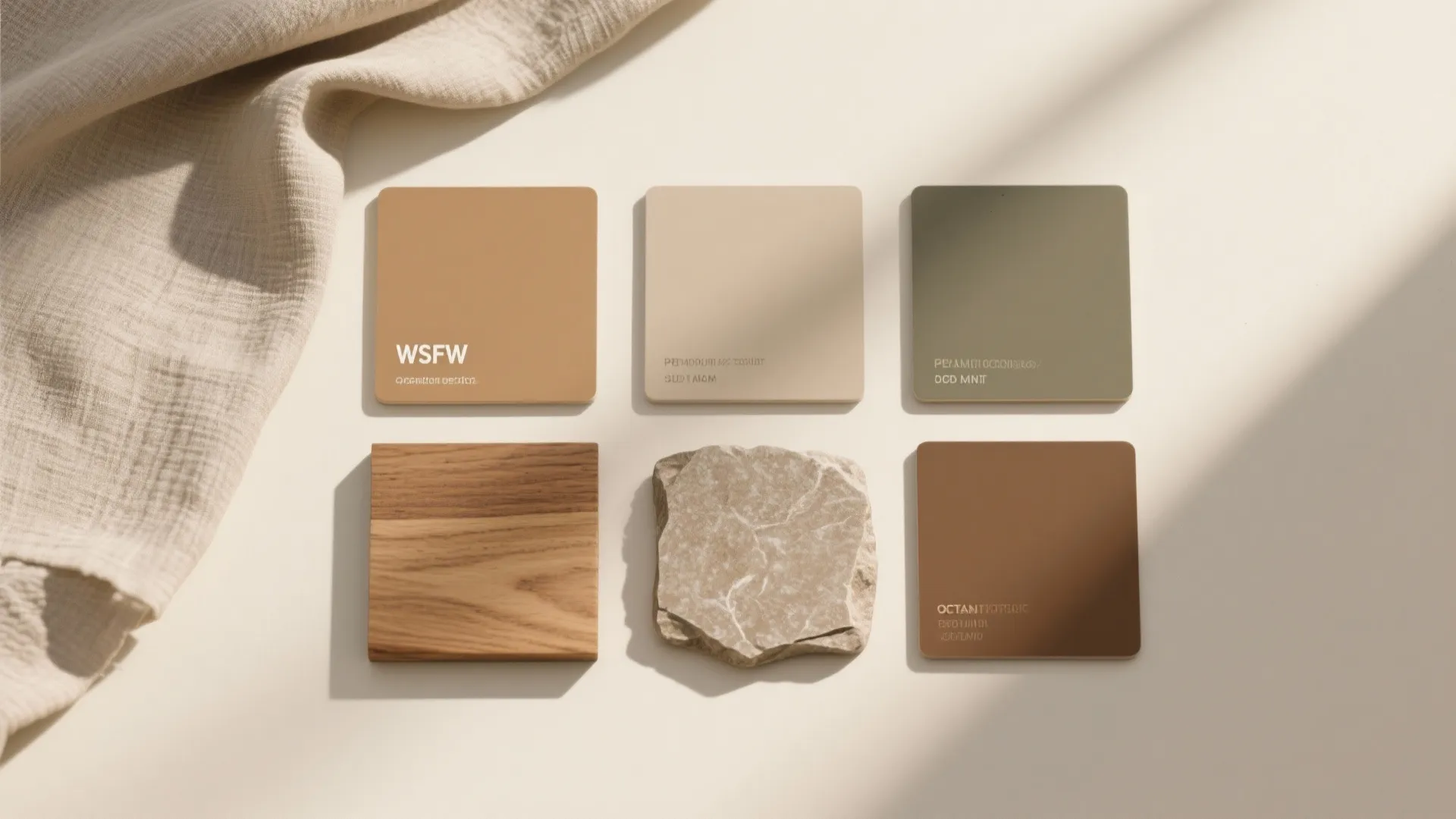 Interior design mood board with earthy color swatches wooden tile stone sample and fabric material