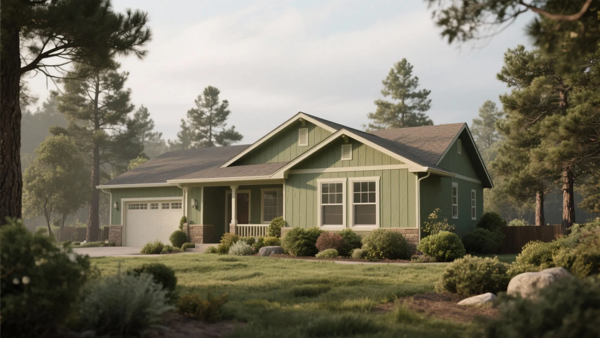 Single story green house with white windows a large garage and green grass surrounded by trees