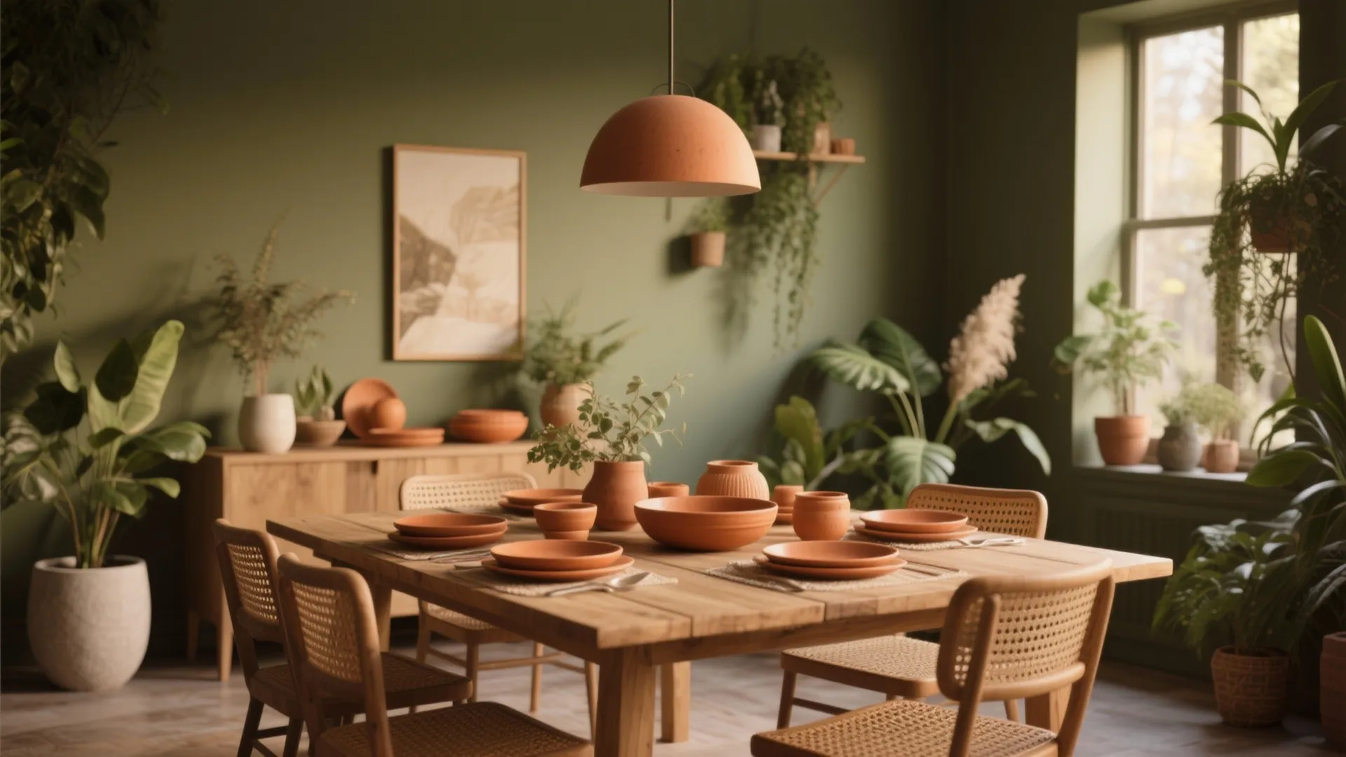 Dining room with muted olive walls, terracotta plates, wood table, woven textures and plants in warm light.