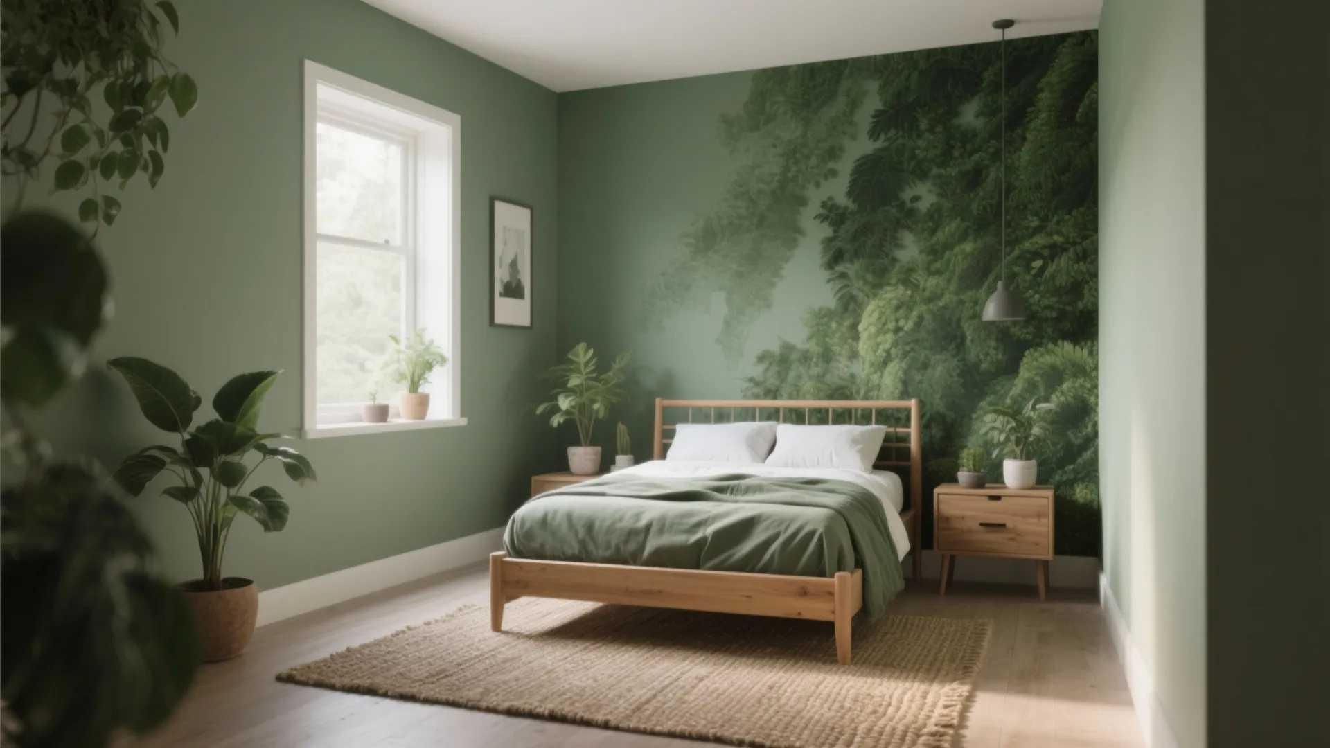 Earthy green bedroom with large forest wall mural wooden bed and many green indoor plants