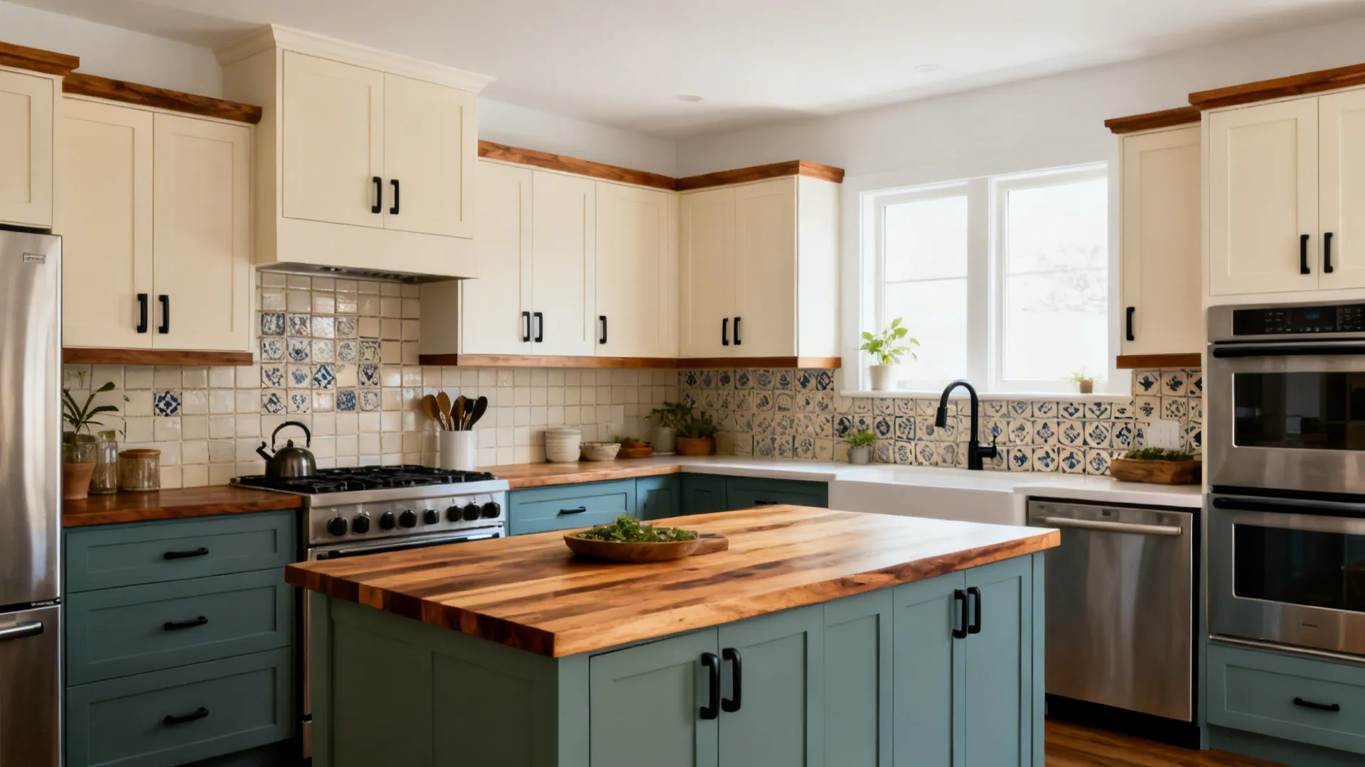 Small kitchen with dusty blue-green lowers and creamy uppers paired with warm wood accents.