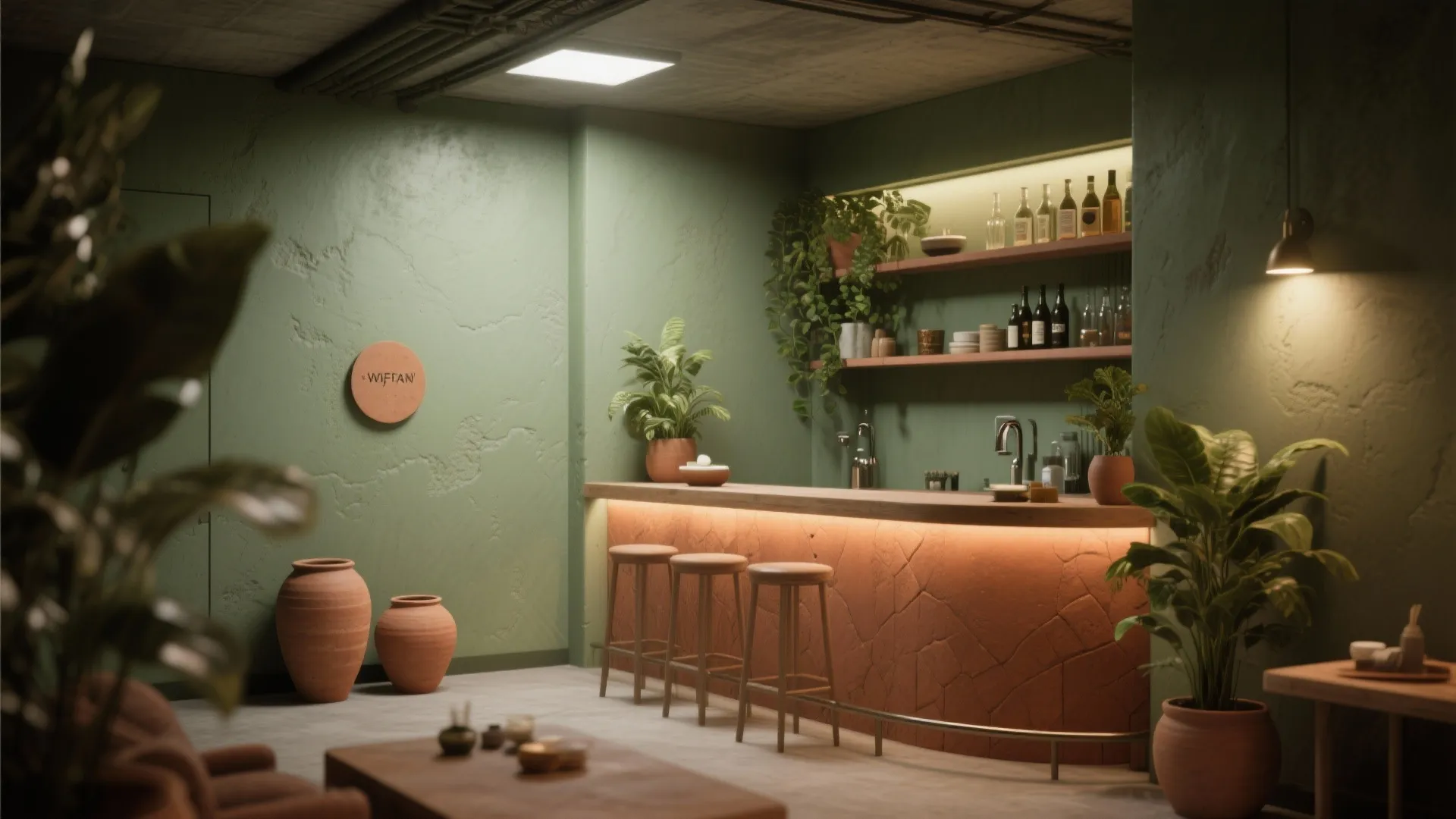 Muted olive and clay-toned basement bar area with plants and textured ceramics.