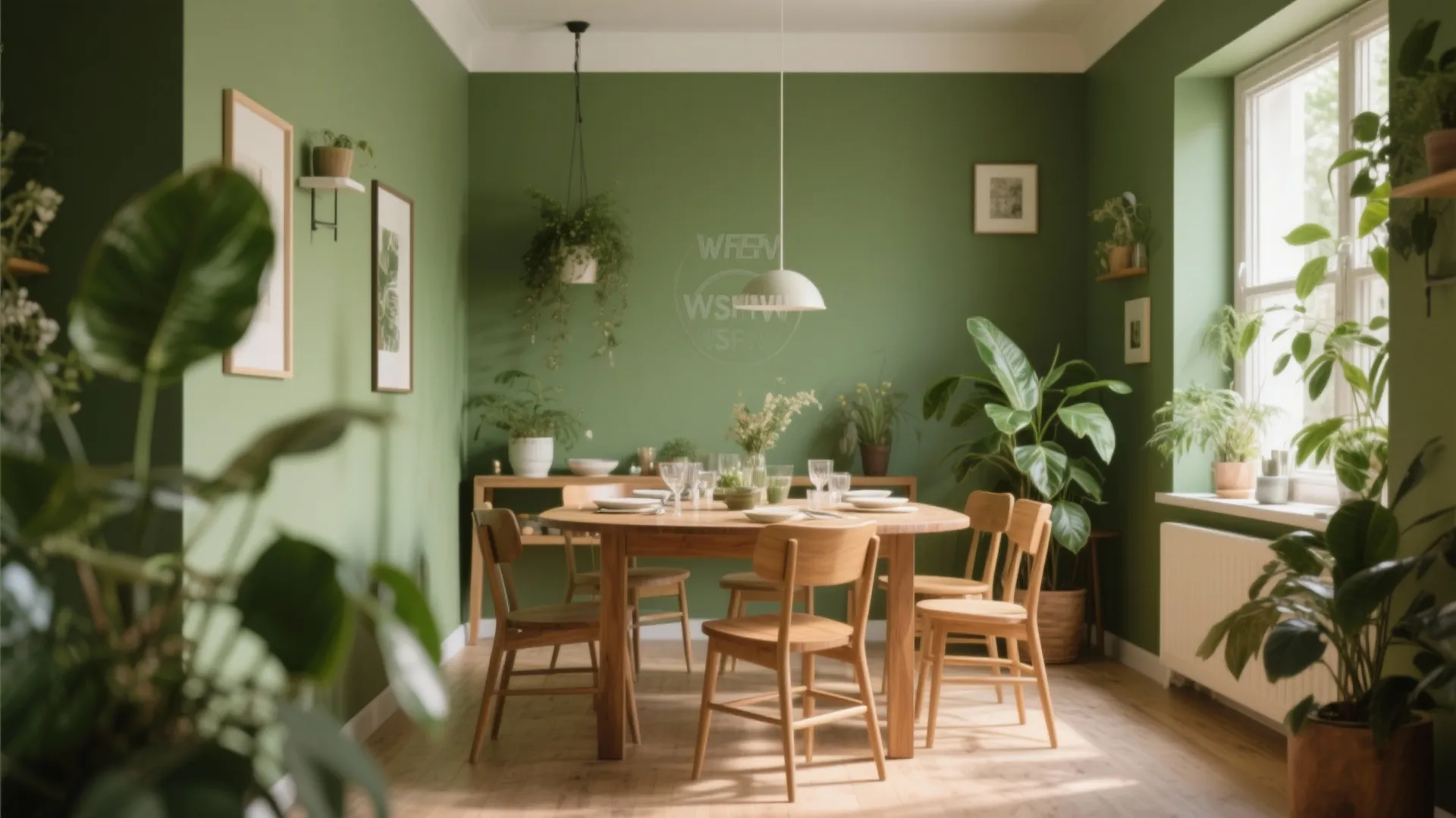 Dining room with green walls wooden table and chairs indoor plants and a white ceiling light