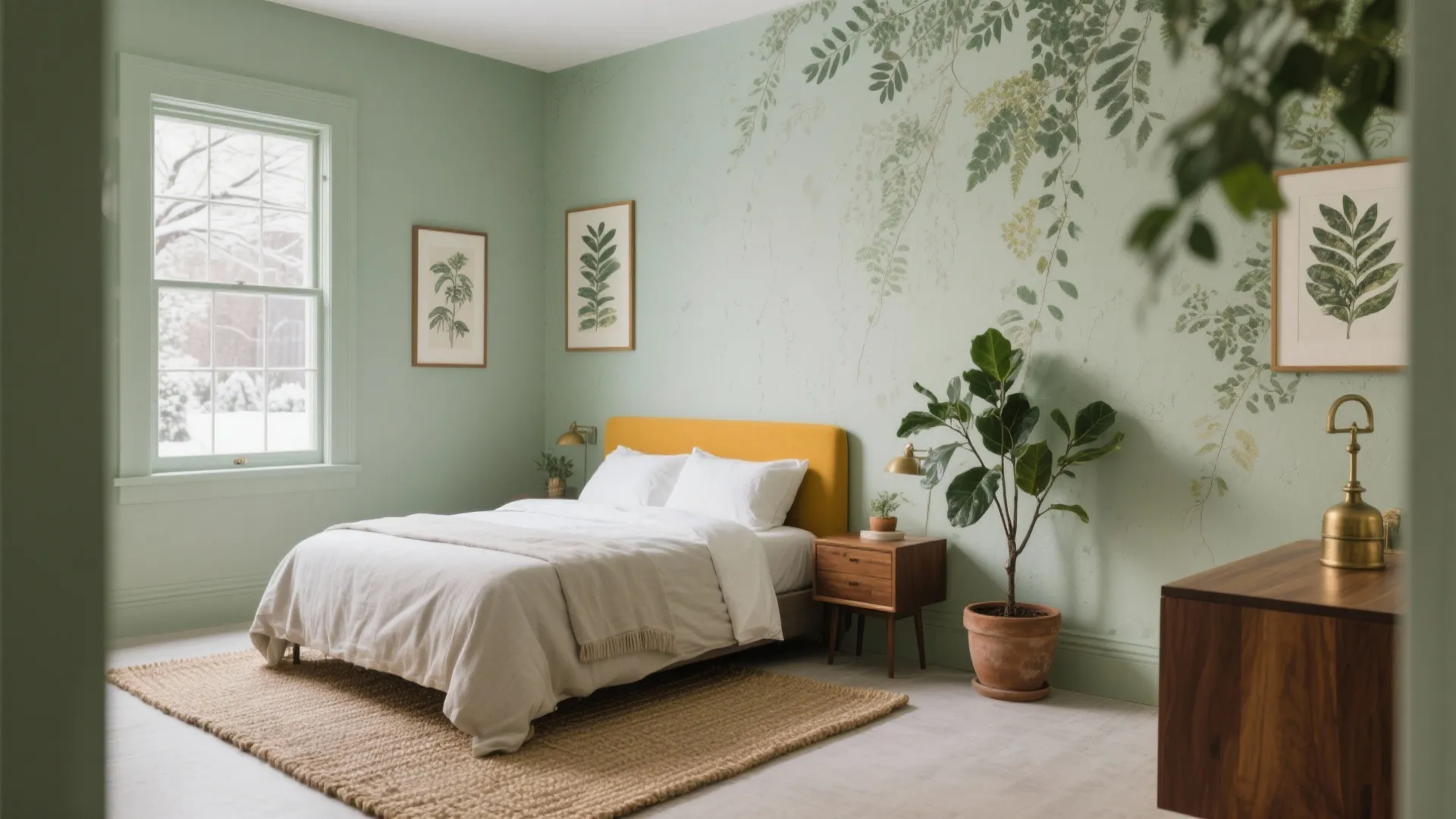 Earthy guest room with green walls yellow headboard botanical wall art potted plant and rug
