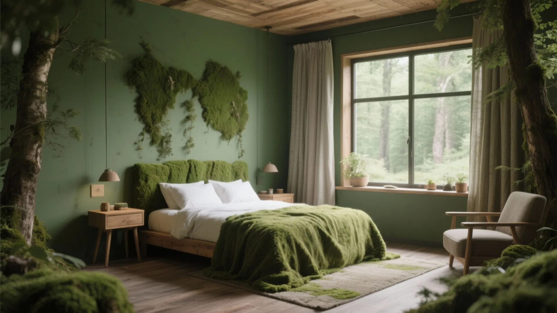 Nature inspired green bedroom with moss wall art, wooden ceiling, large window, and cozy armchair