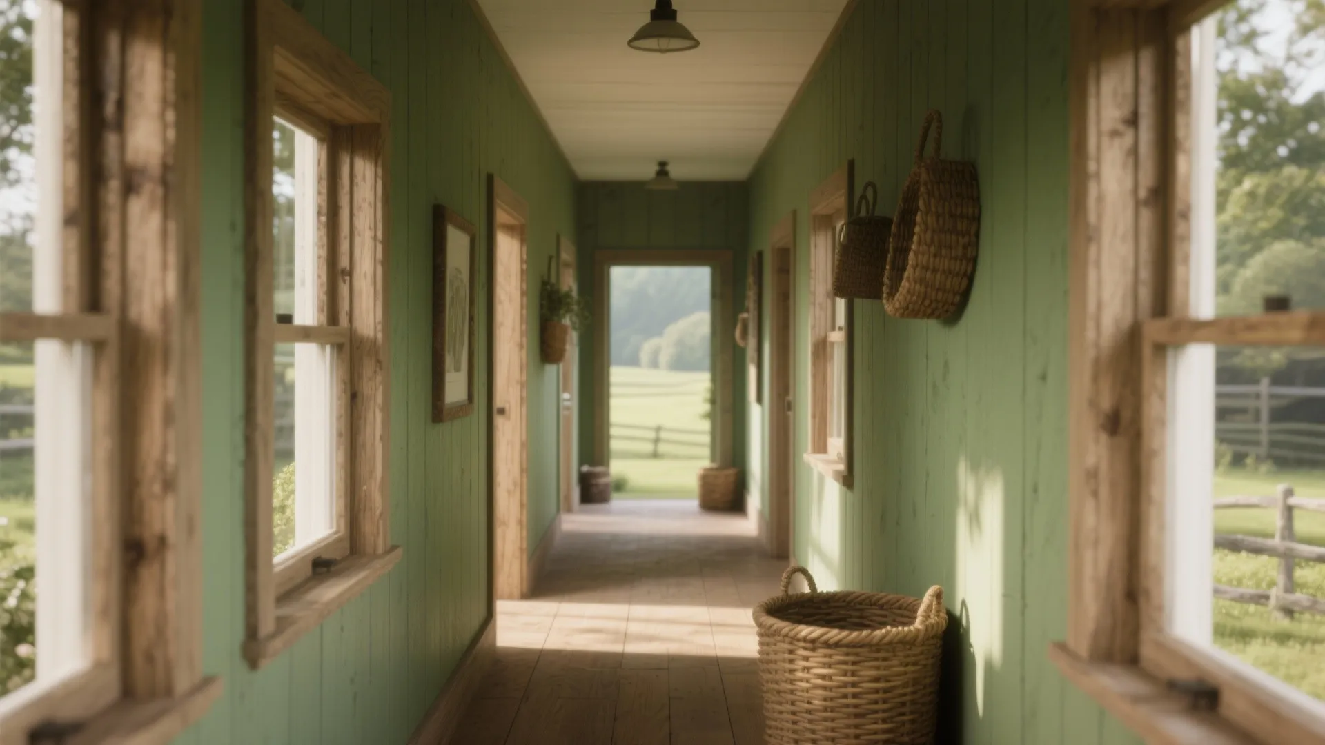 Rustic green hallway with wooden windows woven baskets and a view of a grassy field