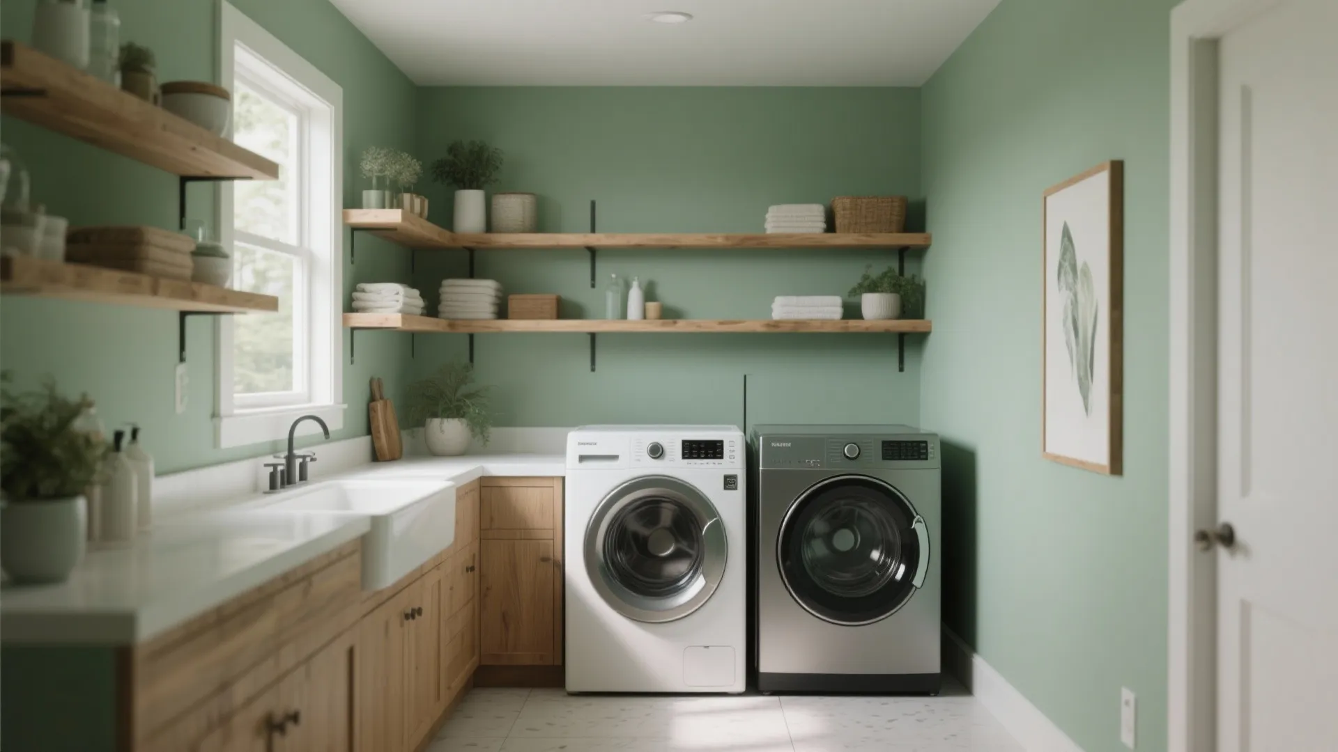 Sage green laundry room with wooden open shelves, white washing machine, silver dryer, and sink