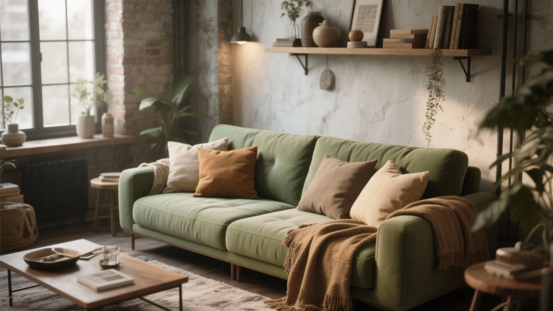 Sage green sofa with beige and camel pillows in cozy loft