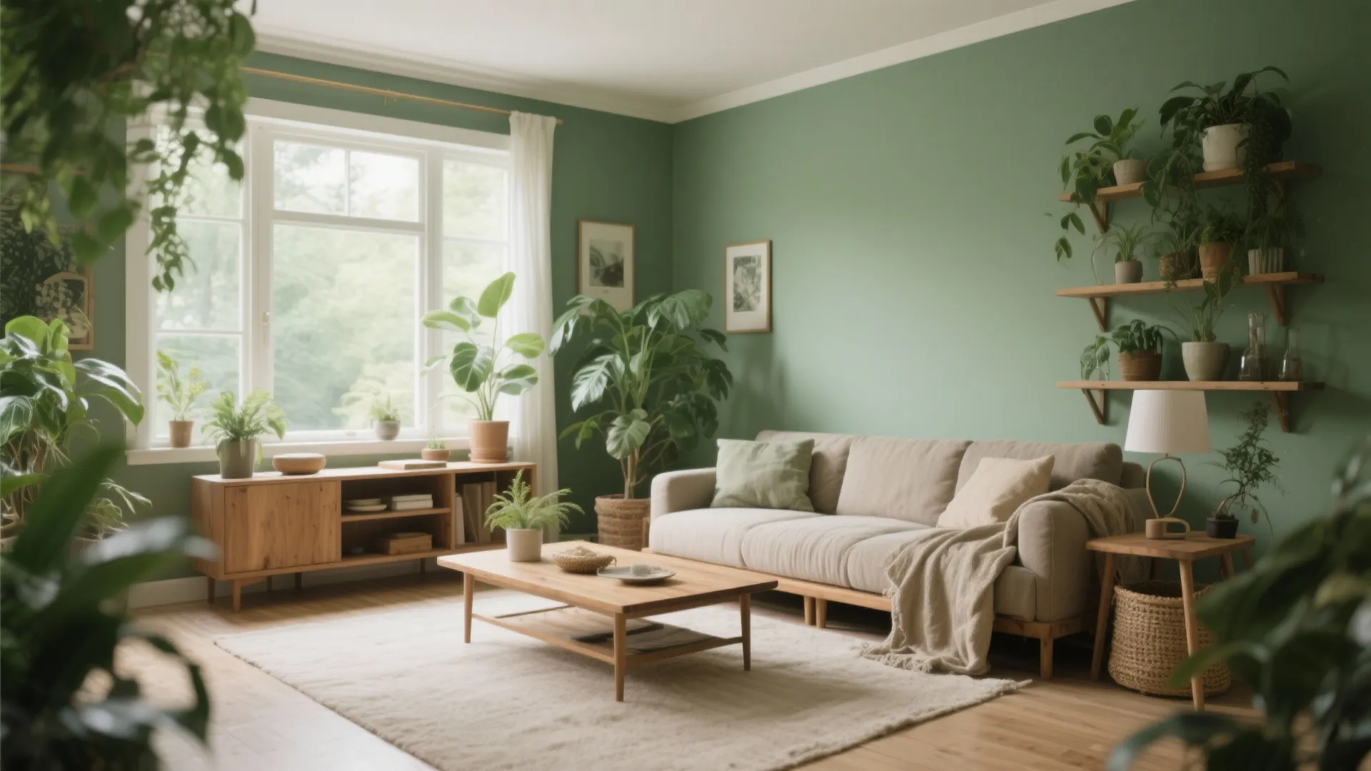 Sage green painted living room with natural textures and plants