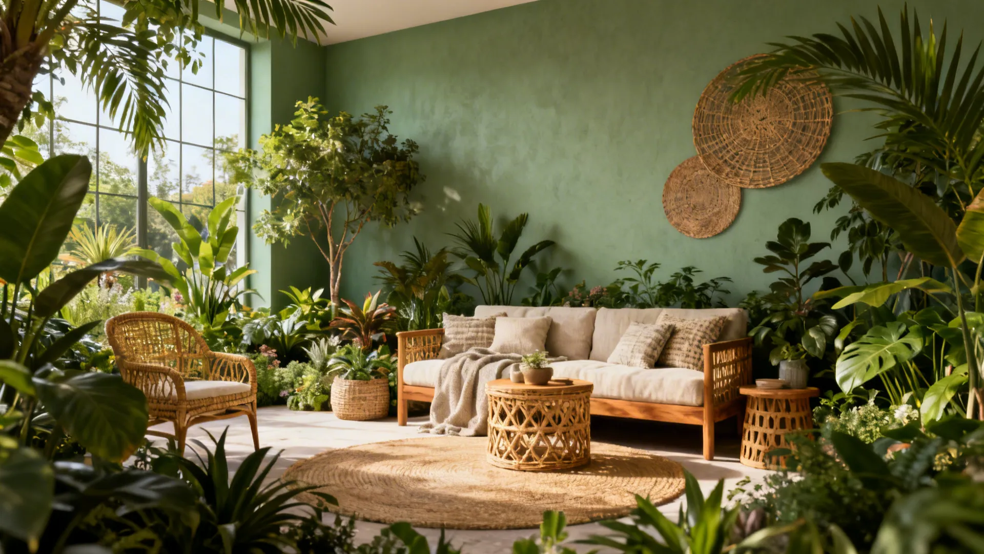 Sage green living room with plants, rattan accents and warm wood furniture
