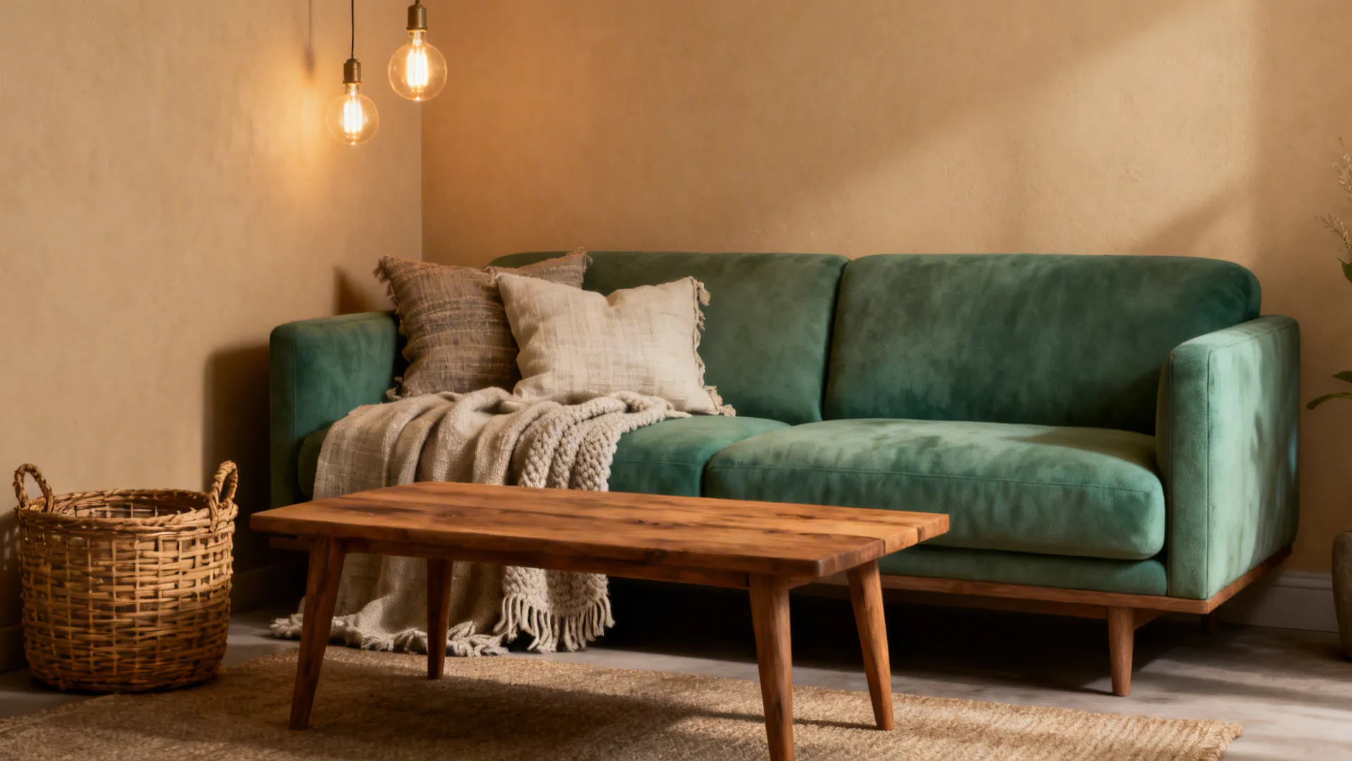 Green sofa styled with warm beiges, wooden coffee table and rattan accents showcasing natural textures.