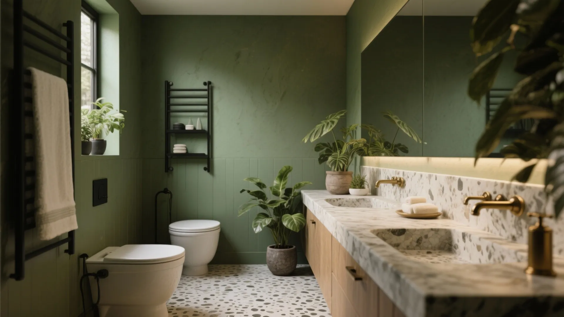 Modern green bathroom with stone double sink wood cabinet white toilet green plants and black rack