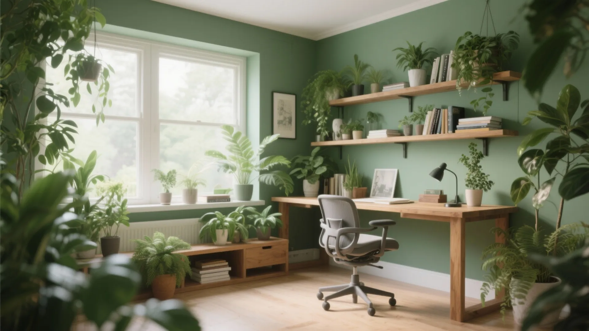 Earthy green study room with wooden desk grey chair and indoor plants on wall shelves