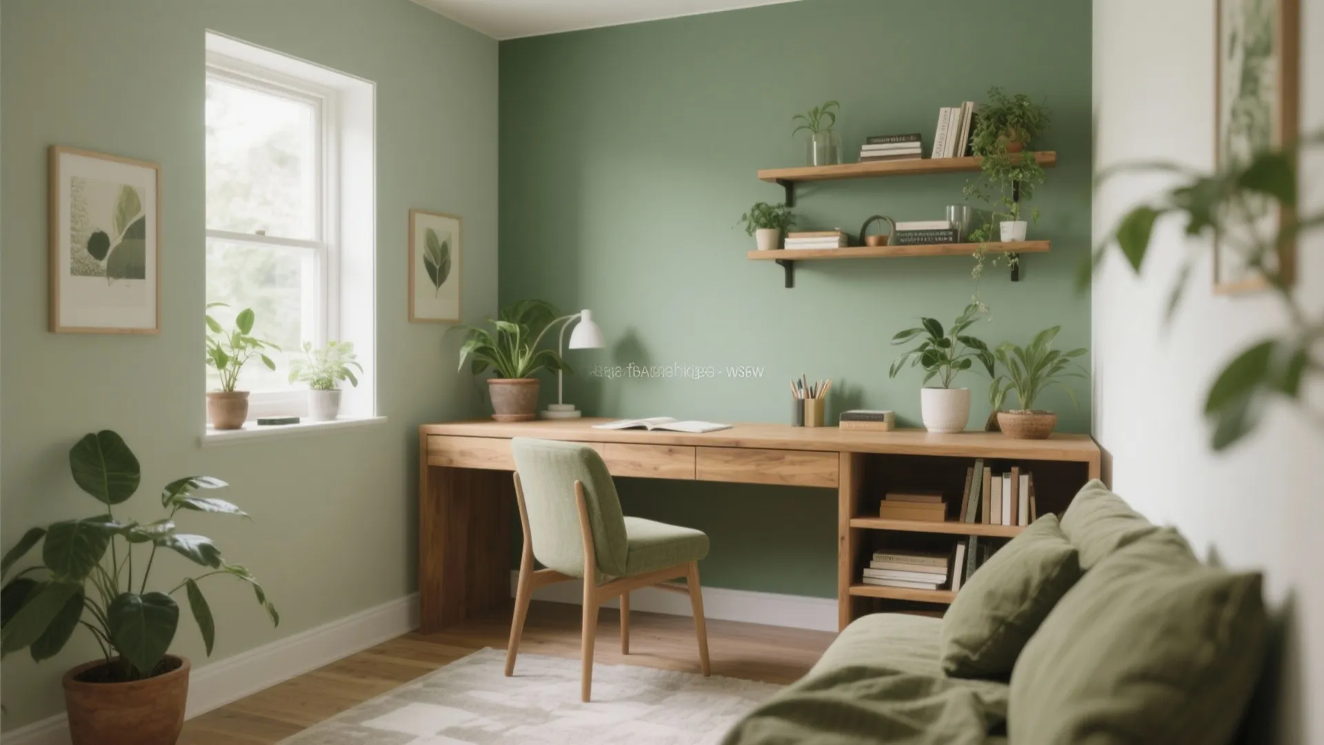 Green study room with wooden desk green chair wall shelves indoor plants and large window