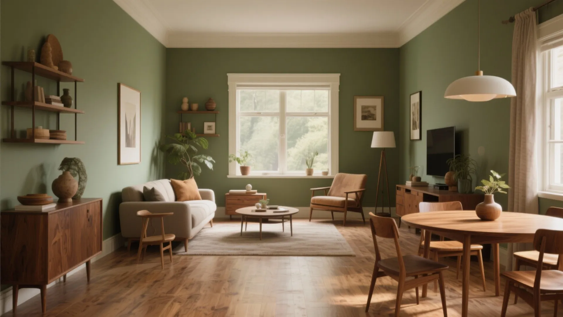 Living-dining space with sage and olive tones and wood furniture