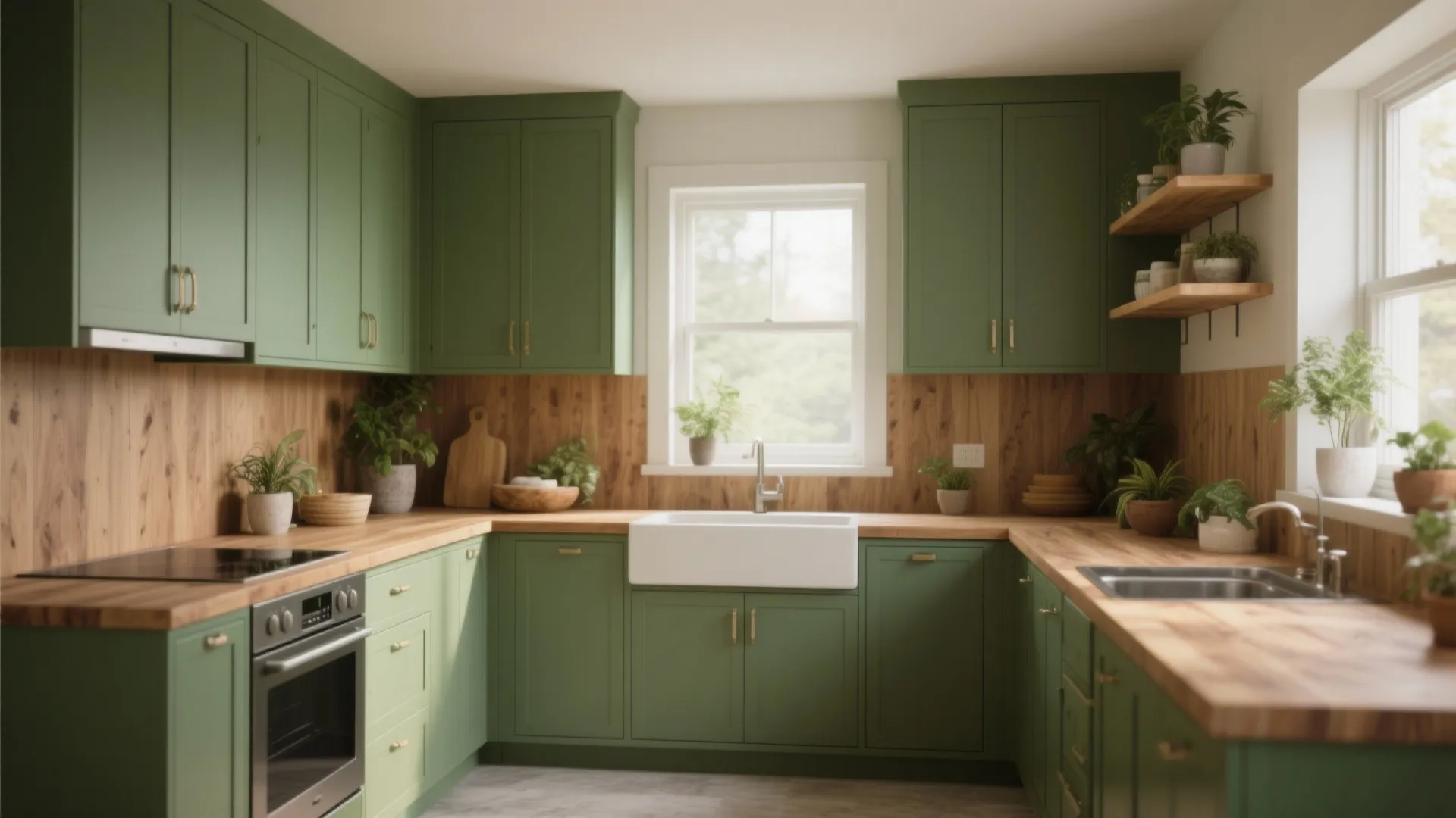 3. Earthy Greens Paired with Warm Wood