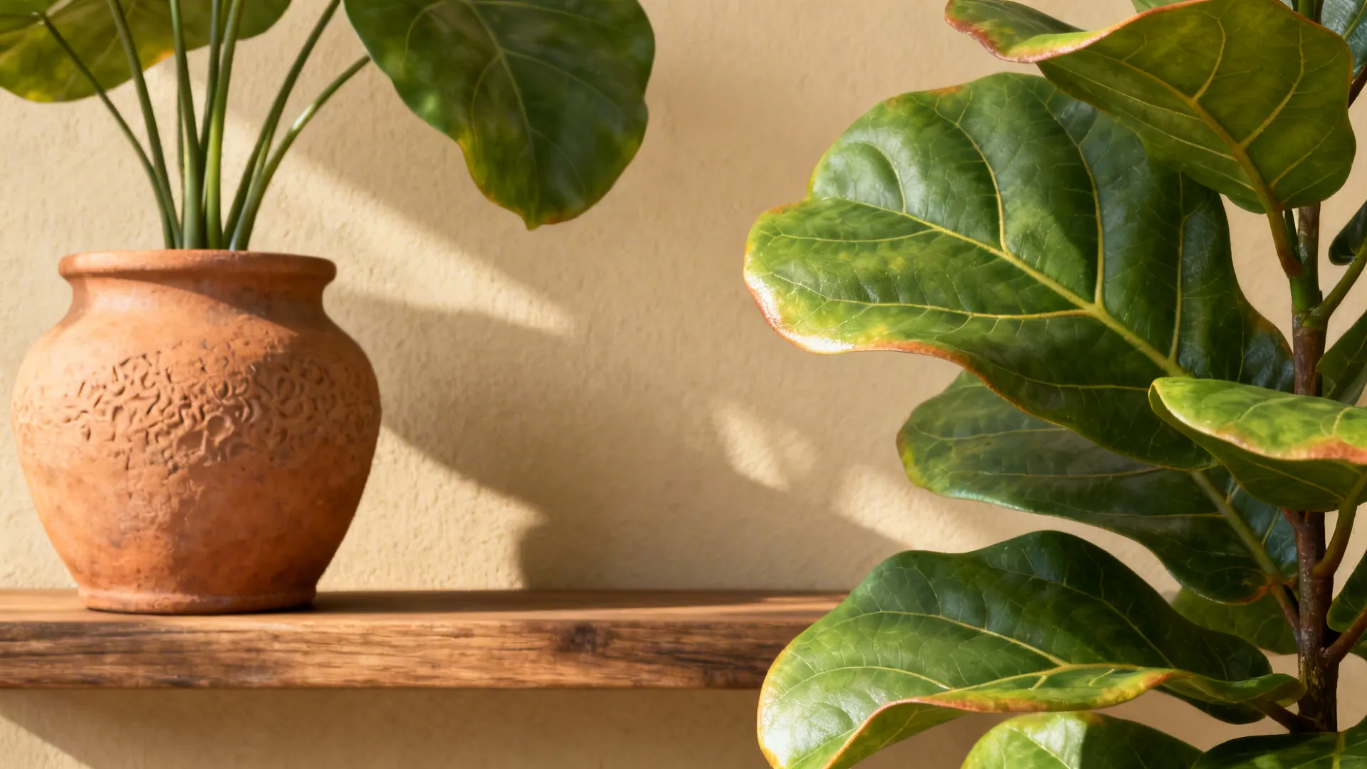 Fiddle leaf fig and terracotta vase on wooden shelf in a rustic living room