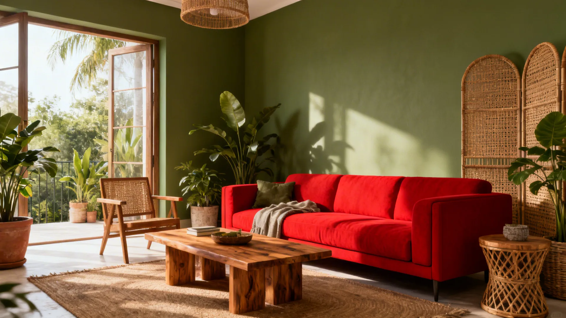 Earthy green living room with natural wood and rattan accents and a bright red sofa.
