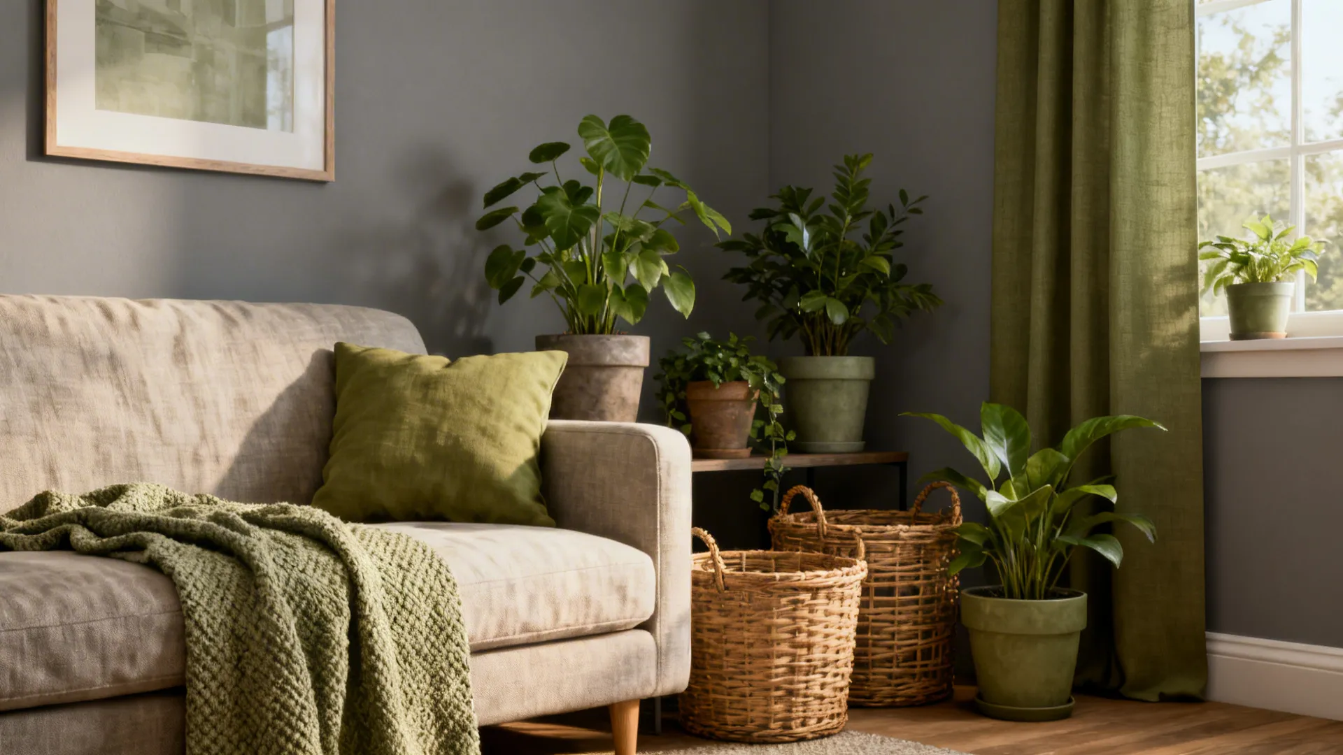 Agreeable Gray living room with olive and sage accents, potted plants and rattan textures.