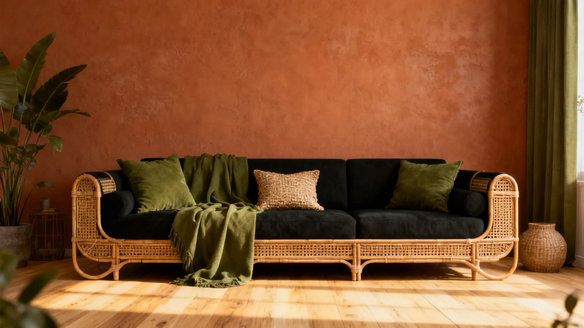 Warm terracotta room with olive accents and a black sofa with rattan accessories.
