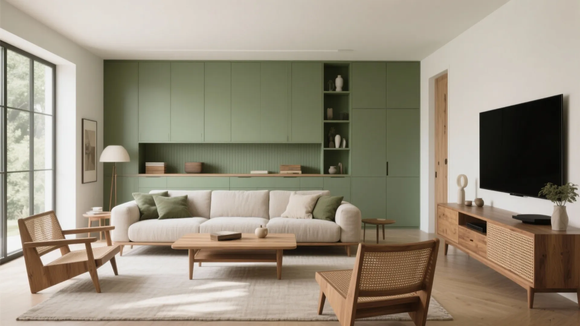 Earthy green and wood living room with off-white walls, oiled oak, rattan, and black accents—biophilic Dulux colour story.