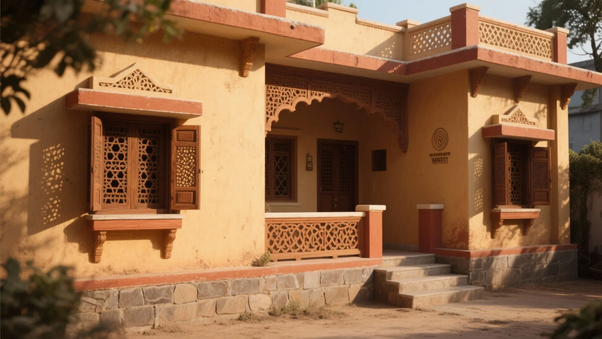 Traditional yellow house with decorative wooden windows and carved balcony details in a sunny garden