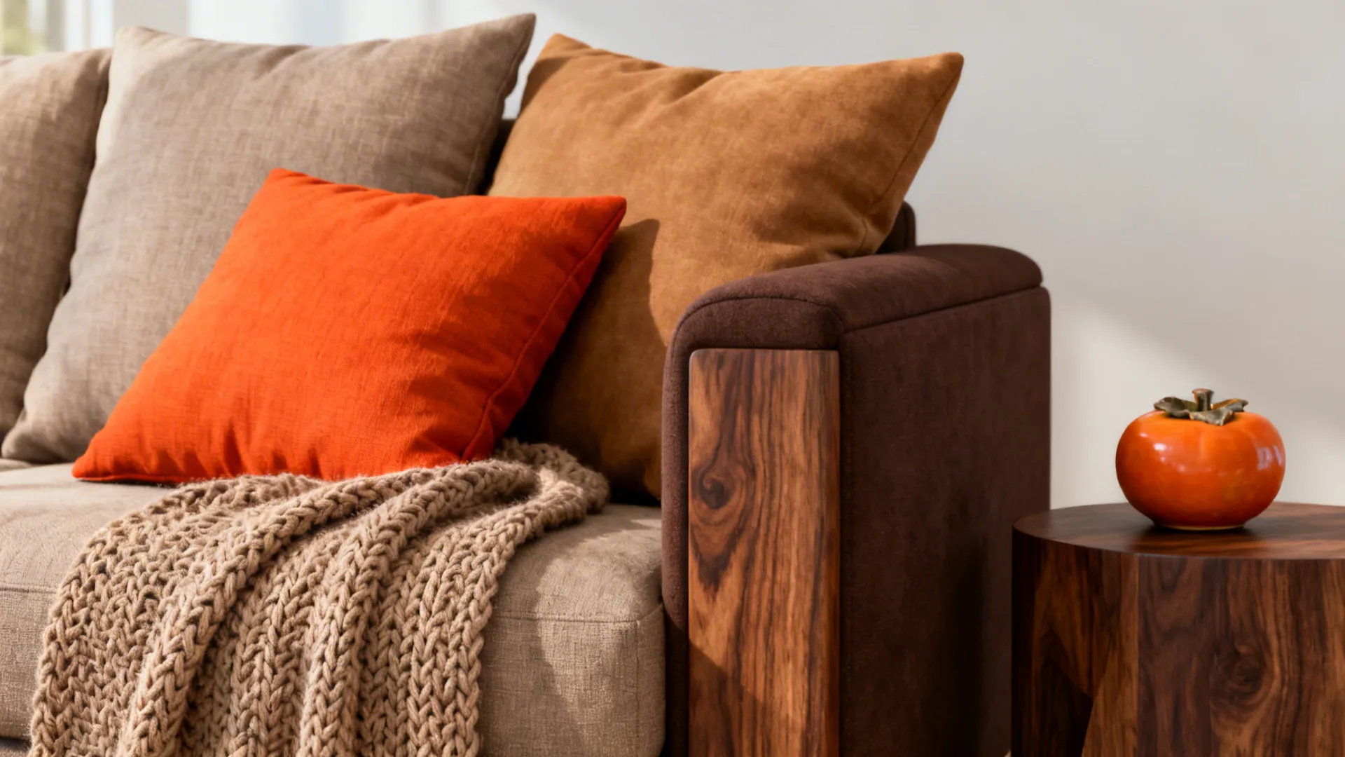 Close up of brown sofa with orange pillows knitted blanket and wooden side table furniture