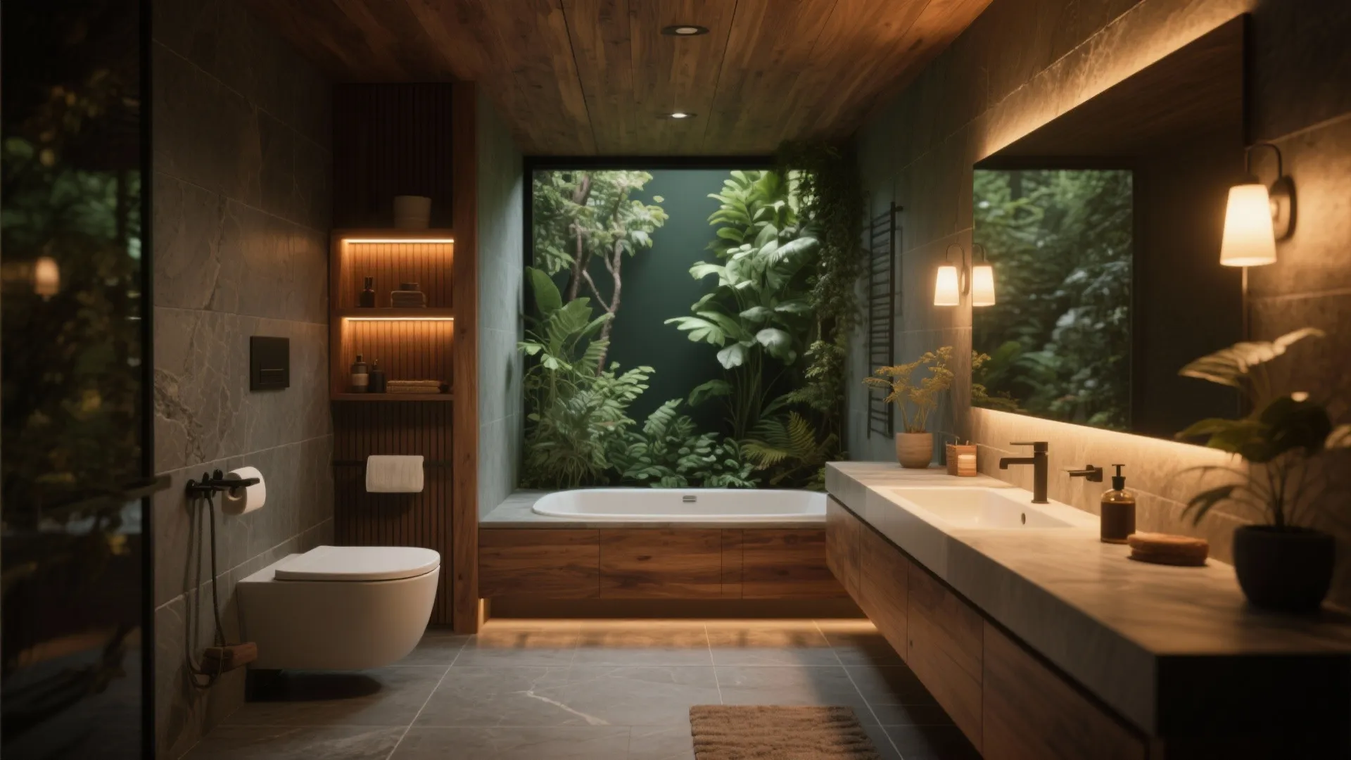 Modern bathroom with white bathtub, wooden vanity, wall light, toilet, and lush green garden view