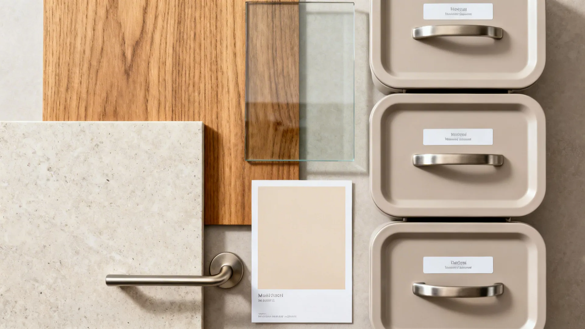 Interior design material board with wood samples stone tiles glass and beige color paint swatches