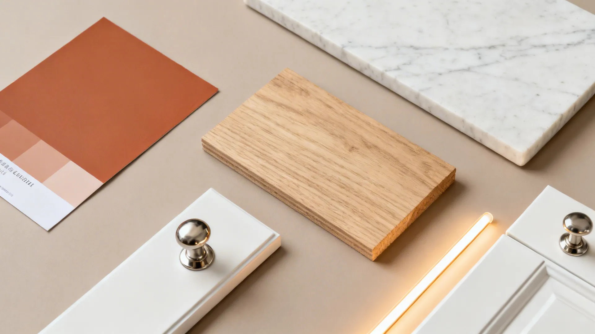 Flat lay of terracotta paint, oak veneer, warm white quartz, and hardware samples.