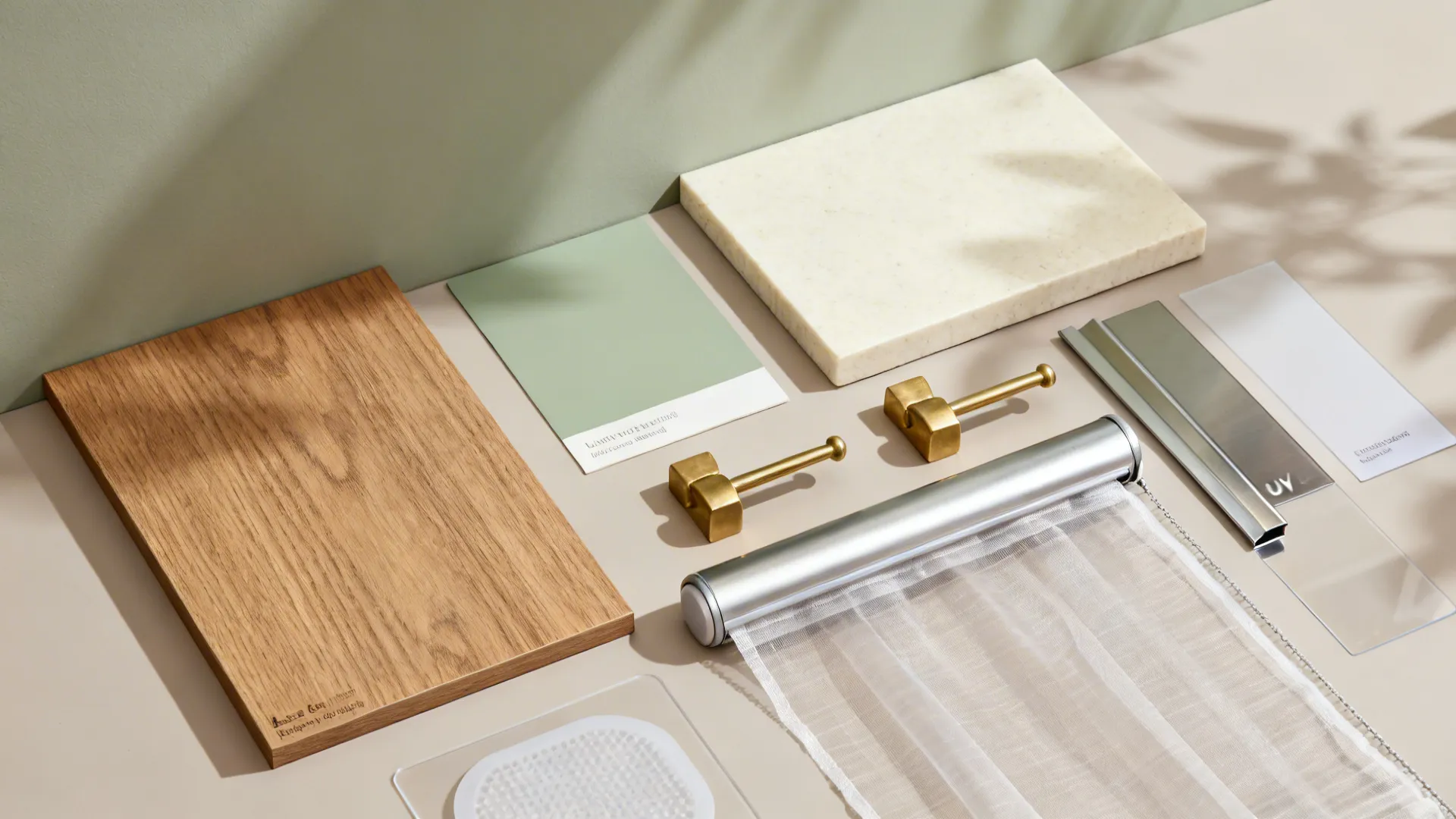 Flat lay of oak veneer, cream quartz, muted green paint, brass and stainless accents.