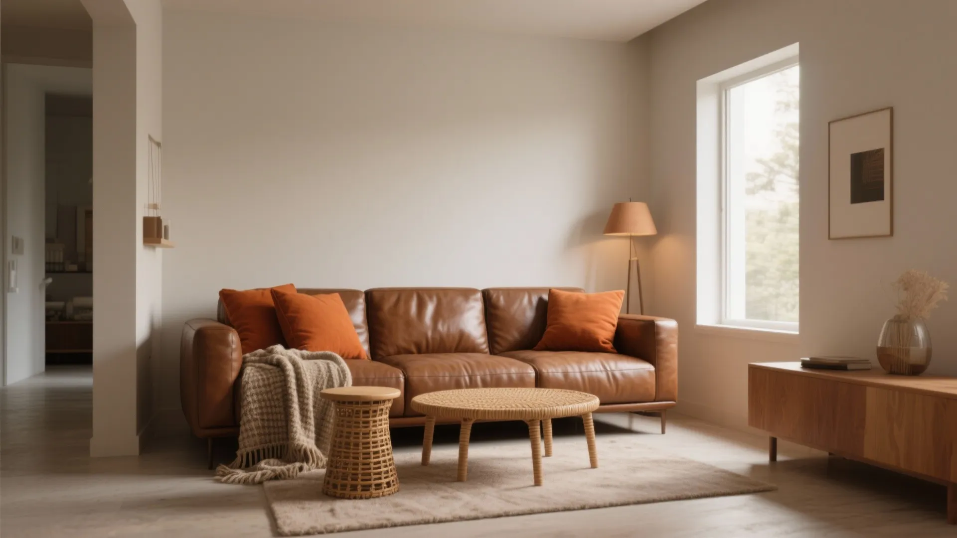 Minimalist living room with brown leather sofa orange pillows wooden coffee table and floor lamp light