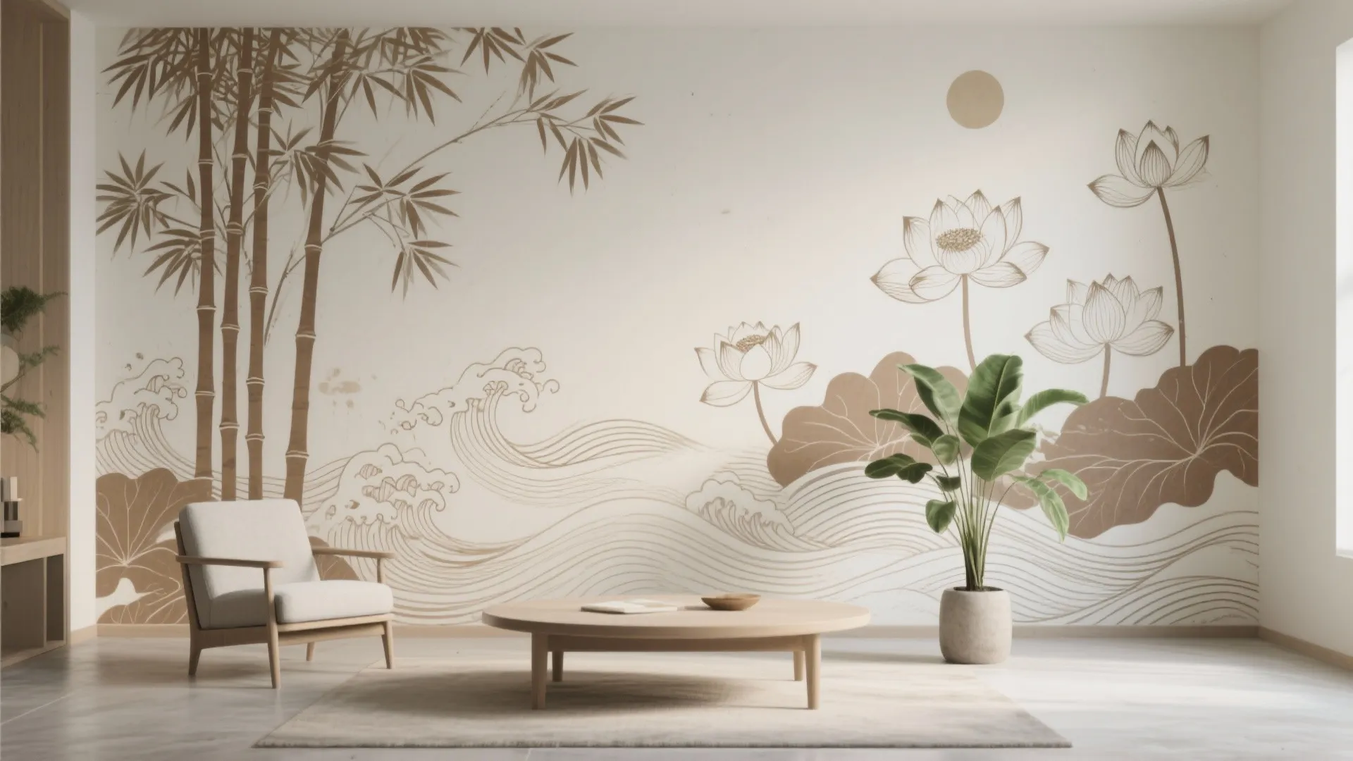 Earthy Asian-Inspired Mural with Natural Motifs