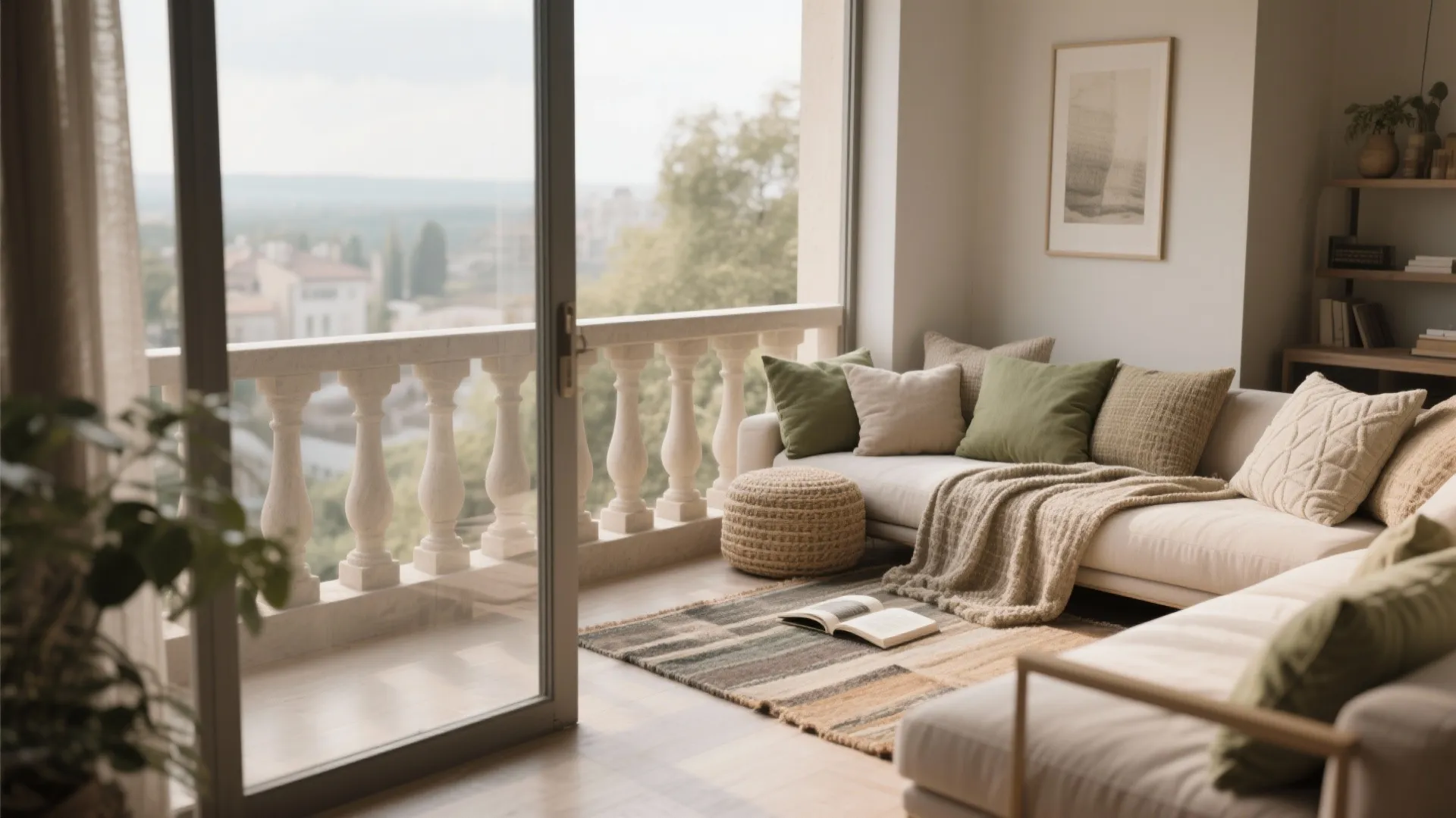 Neutral colored balcony with white sofa green pillows stone railing woven footrest and open glass door