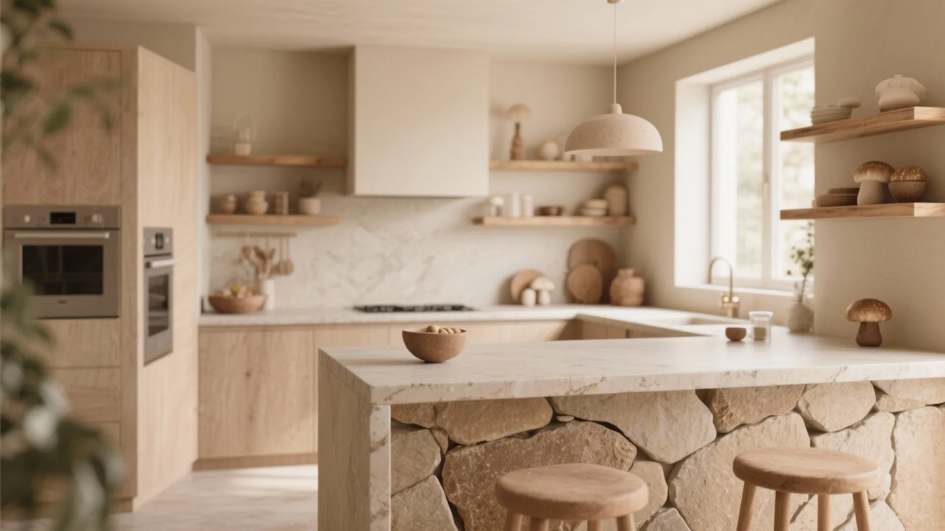 Neutral kitchen with light wood cabinets stone island wooden stools open shelves and ceiling light