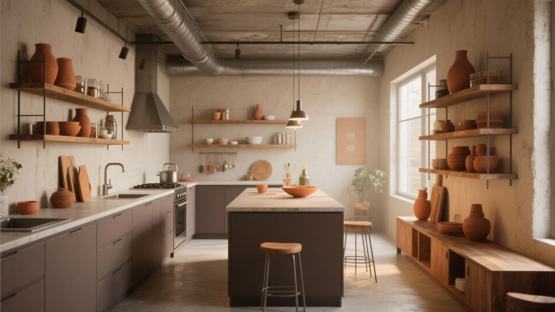 Industrial kitchen with brown cabinets kitchen island wooden shelves clay pots and exposed ceiling pipes