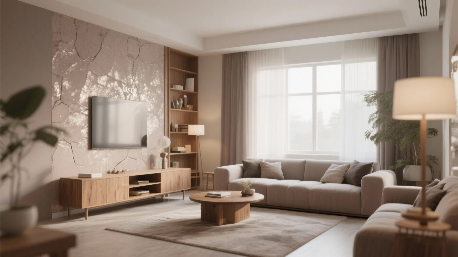 Earthy living room featuring neutral sofa wooden coffee table shelf and television on a cabinet