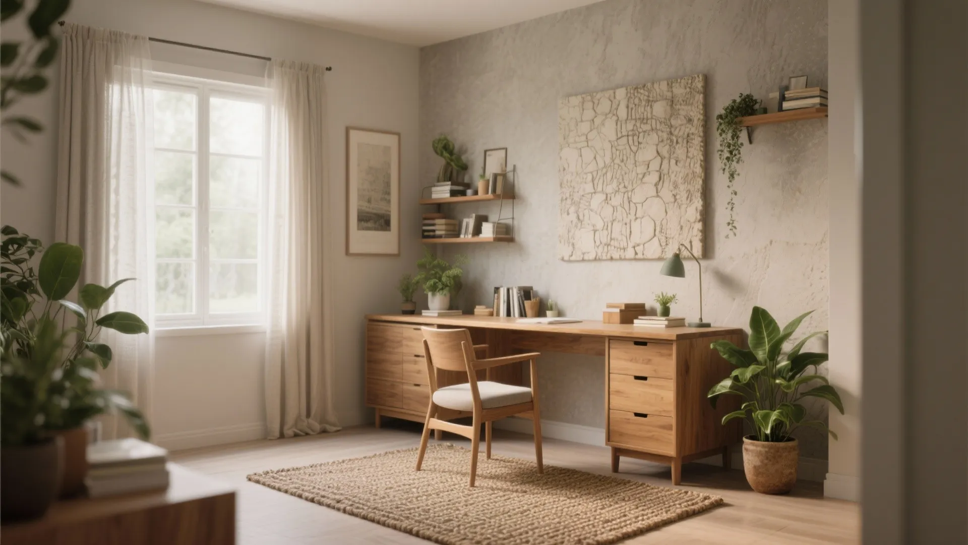 Warm study room featuring wooden desk chair woven rug indoor plants and soft natural light