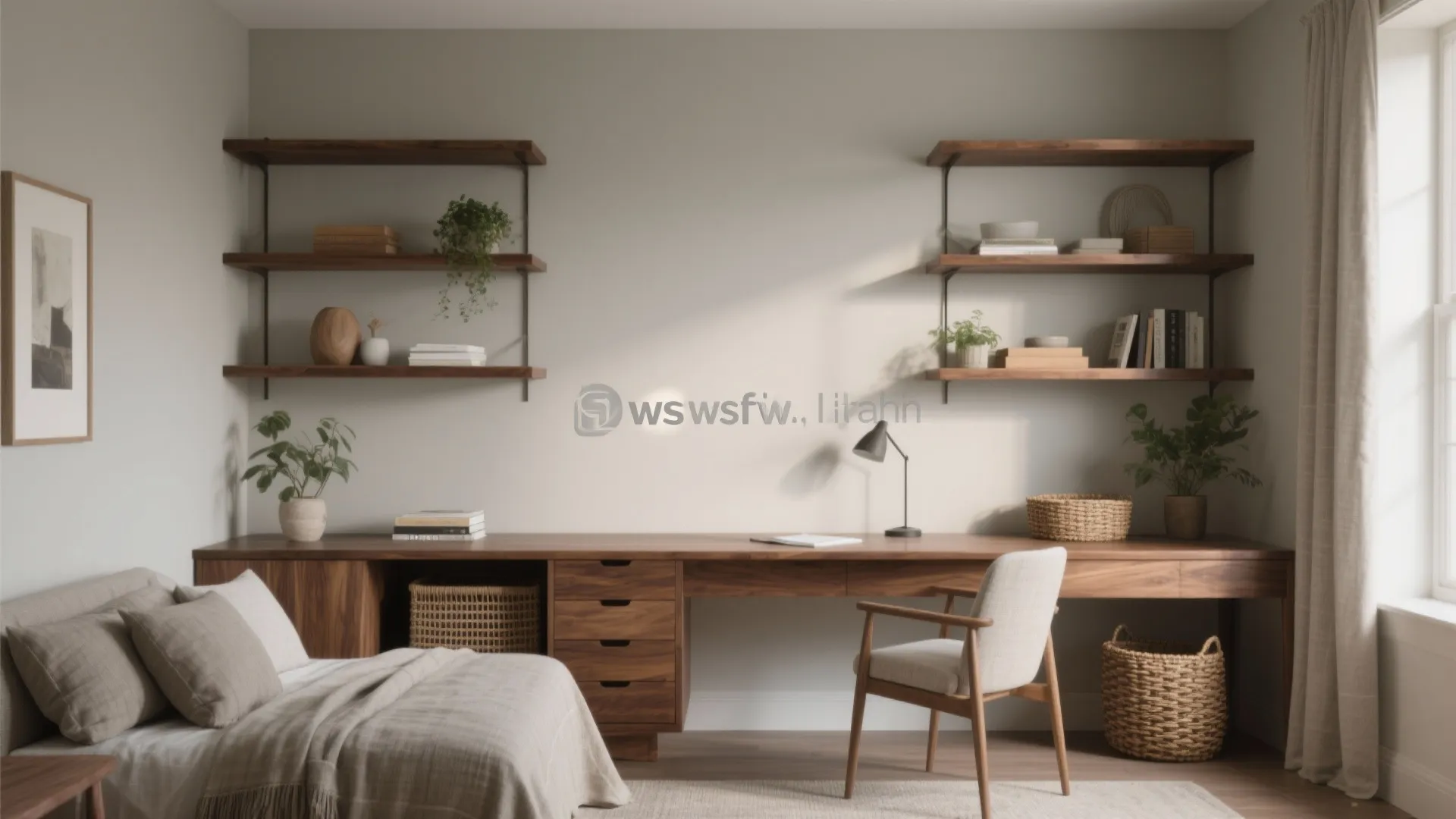 Earthy neutral bedroom with a long wooden desk wall shelves bed and a wooden chair