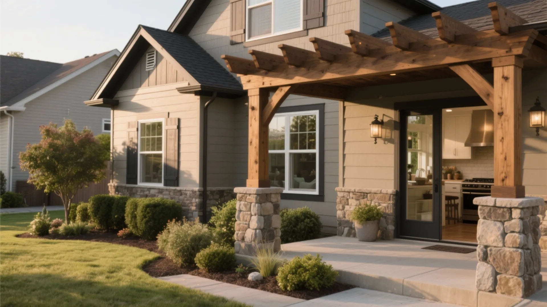 Modern house exterior with stone pillars supporting a wooden patio roof next to green garden bushes
